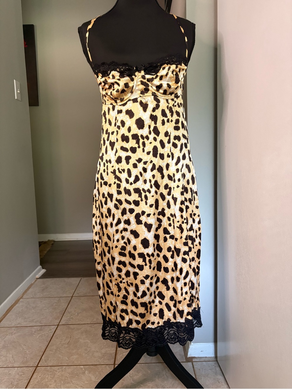 VENUS Leopard Print Satin Chemise with Black Lace Trim